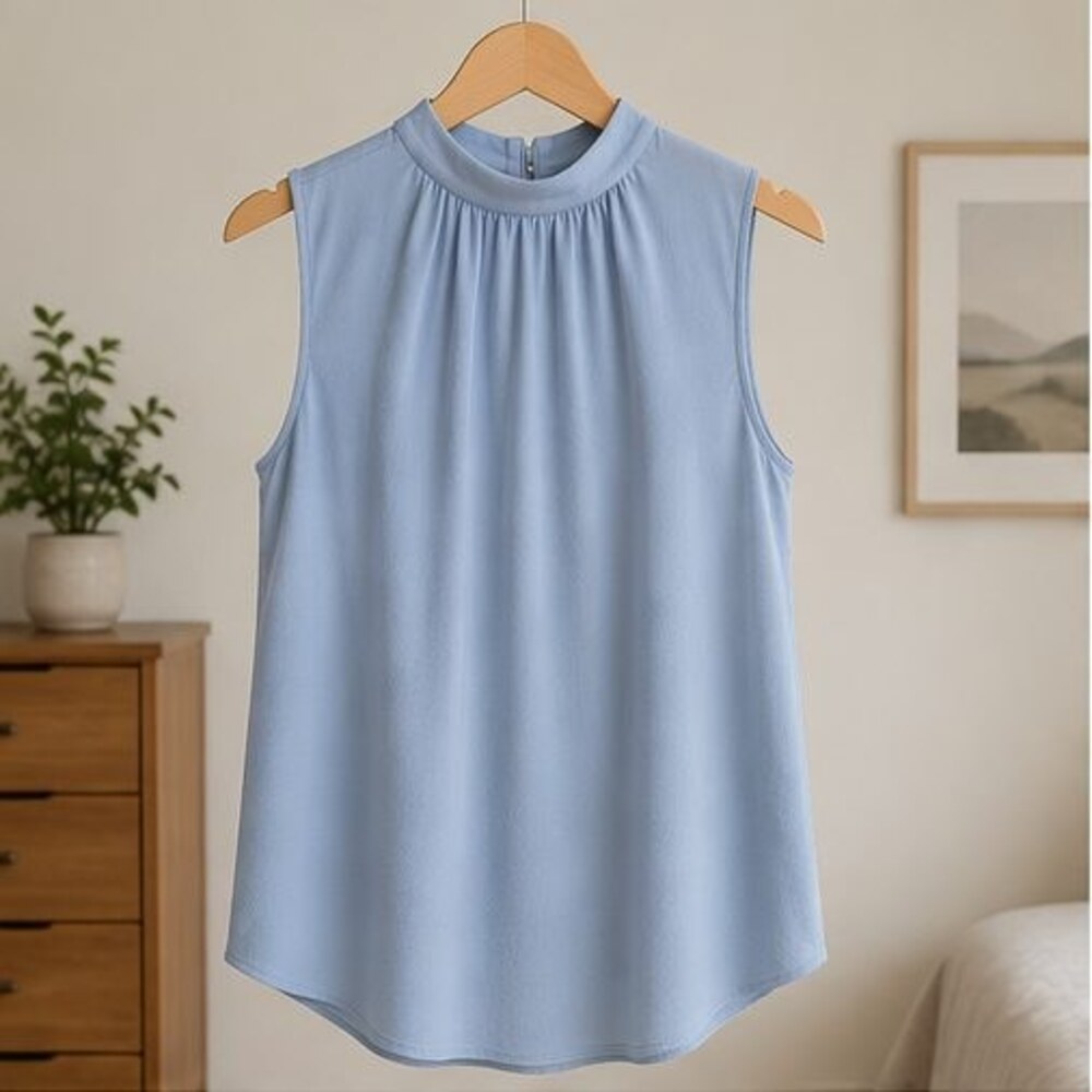 Powder Blue Pleated High Neck Blouse